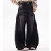 Unisex High Street Loose Fitting Casual Wide Leg Jeans Black Curved Blade Distressed Retro Whiskering Design_mkmklike.com