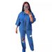 European And American Hot Sale New Fashion Personality Shirt Top Hole Denim Trousers Two Piece Set_mkmklike.com