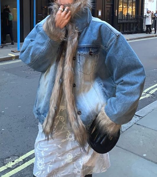 Vintage Washed Denim Fur-Trimmed Quilted Jacket - Blue Retro Coat With Cotton Blend For Commuter Chic_mkmklike.com