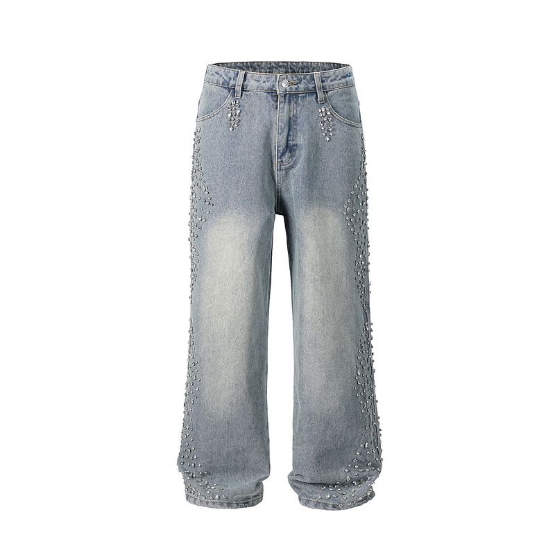 Men's Clothing High Street Washed Loose Wide Leg Pearl Full Diamond Print Stacked Jeans Jeans_mkmklike.com