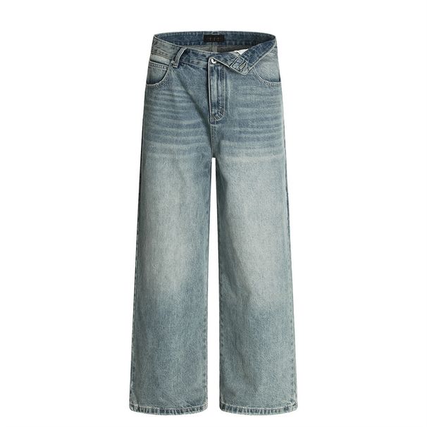 Punk Washed Faded Denim Trendy Men Asymmetric Waistband Design Personality Loose Wide-Leg Straight Pants_mkmklike.com