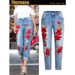 Women's Clothing Elastic Loose Jeans Women's Trousers Colorful Flower 3d Embroidery Ripped Jeans_mkmklike.com