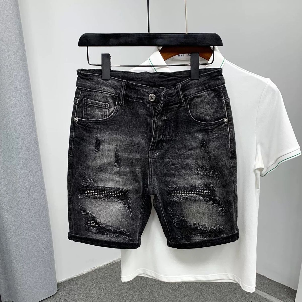Men's Distressed Denim Shorts With Rhinestone Details - Stretch Slim-Fit Mid-Thigh Casual Shorts For Summer (Dark Grey)_mkmklike.com
