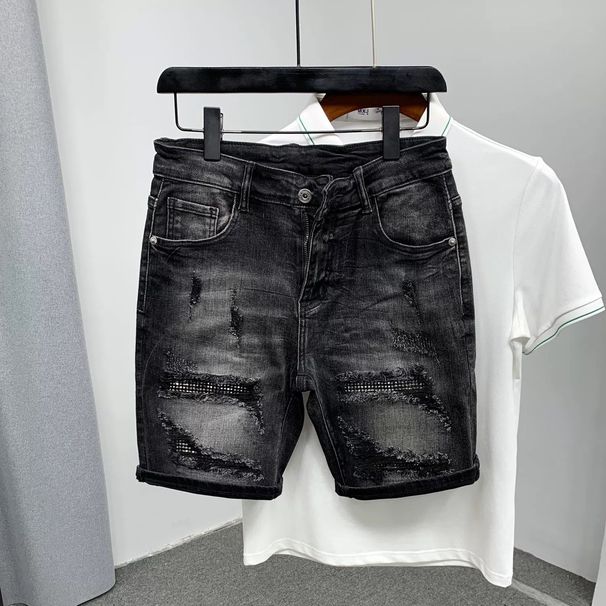 Men's Distressed Denim Shorts With Rhinestone Details - Stretch Slim-Fit Mid-Thigh Casual Shorts For Summer (Dark Grey)_mkmklike.com