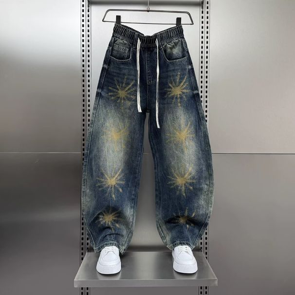 Ruffian Handsome Feng Shui Washing Old Jeans Men 2026 Autumn And Winter Loose Wide-leg Trousers Personalized Printing Scimitar Pants_mkmklike.com