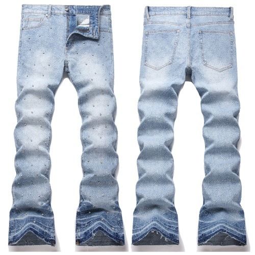 In Stock European And American Style Street Fashion Personality Blue Rhinestone Shine Youth Men's Flared Jeans_mkmklike.com