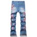 Men's Trendy Slim Fit Embroidered Ripped Flared Jeans High Street Style Washed Blue Trousers New Style_mkmklike.com