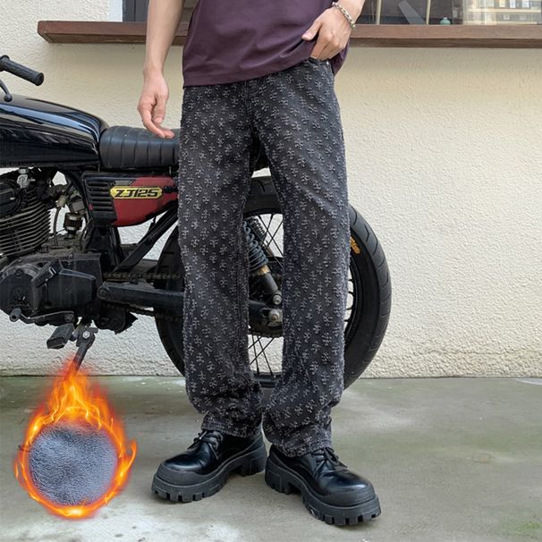 Fleece-Lined Relaxed Fit Jeans – Vintage Washed Straight-Leg Denim Pants With Hand-Painted Fading (Low Waist, No Stretch, Cold Weather Ready)_mkmklike.com