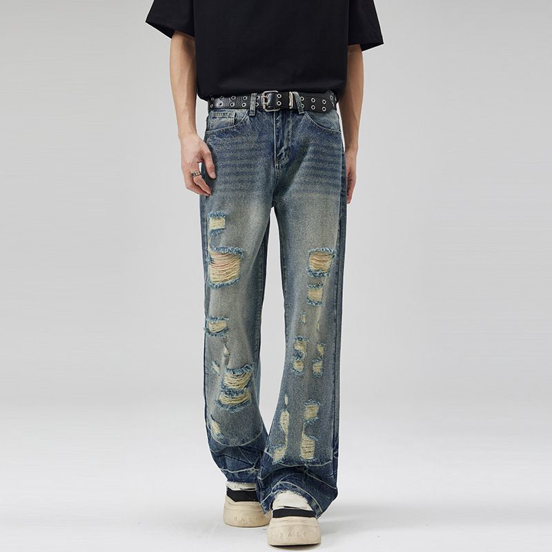 Men's Fashion High Street Distressed Washed Denim Jeans With Bell Bottom & Ripped Details_mkmklike.com