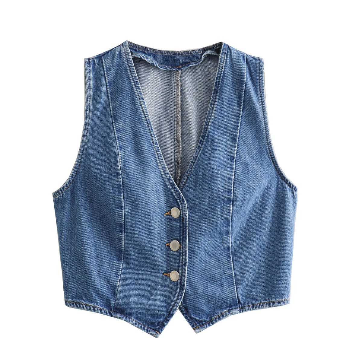 Women's Clothing Solid Color Button Decoration Short Denim Vest High Waist Slit Straight Skirt_mkmklike.com
