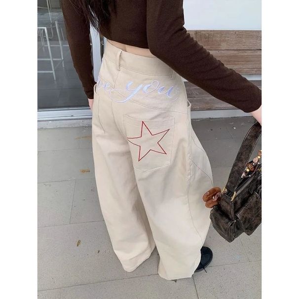 Korean Beef Women's Slimming Wide Leg Pants American Style Khaki Embroidered Curved Blade Jeans Versatile Winter Fashion_mkmklike.com