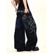 Gothic Black Rose Embroidered Flared Jeans – Vintage Wide-Leg Denim Pants For Women & Men (S-3XL, Y2K Retro Streetwear, Unisex Fit, Distressed Wash)_mkmklike.com