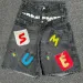 Men's Jeans Deeptown Vintage Letter Graphic Women Man Short Y2k Hip Hop Double Waisted American Style Jorts Baggy_mkmklike.com