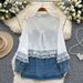 Women's Clothing Design Lace Stitching Contrast Color Long Sleeved Denim Shirt Loose Versatile Single Breasted Jacket_mkmklike.com