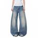 Women's American Retro Ripped Blue Jeans Unique Style Loose Fit Versatile Straight Leg Wide Leg Pants_mkmklike.com