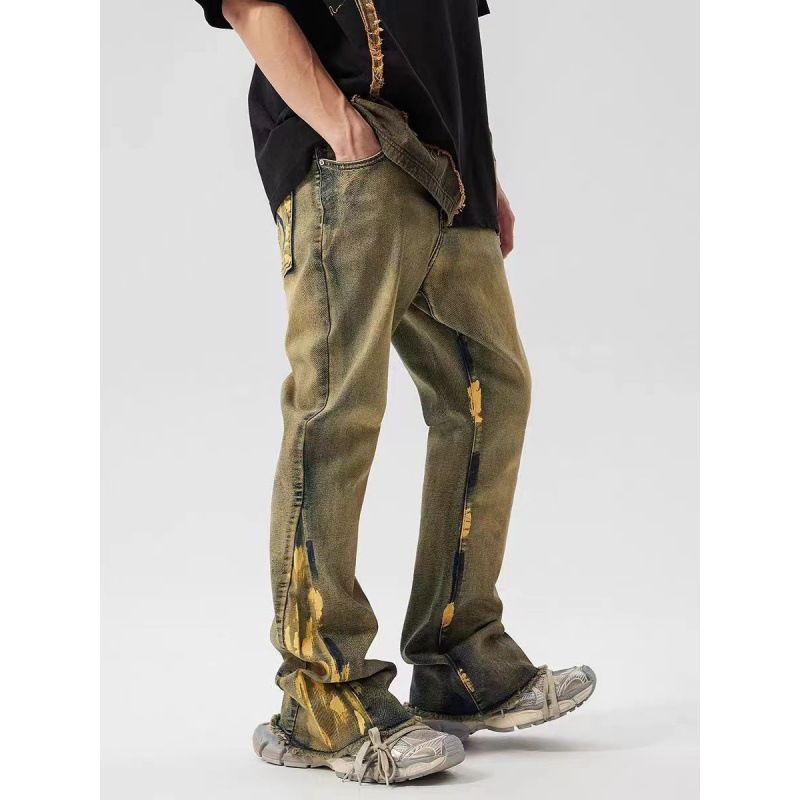 Men's Slim Fit Straight Leg Jeans Retro American Style Washed Distressed High Street Autumn Winter Slightly Flared Trousers_mkmklike.com