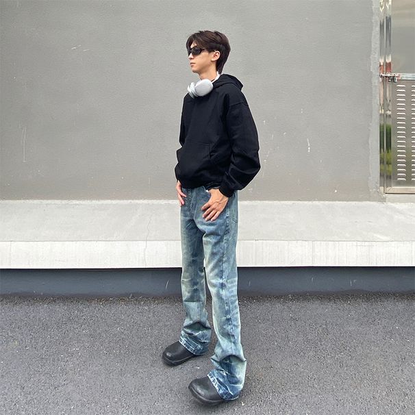 Men's Clothing High Street Old Washed Cleanfit Jeans Men's Trendy Straight Slim Flared Pants_mkmklike.com