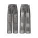 Vintage Washed Clean Fit Jeans – Unisex Oversized, 80% Cotton, Mid-Rise, Distressed Chic, Utility Pockets, Grey, S-XL_mkmklike.com