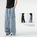 "Men's Vintage Washed Denim Work Pants – Relaxed Wide Leg Fit With Utility Pockets (S-3XL, Light Blue/Black)"_mkmklike.com