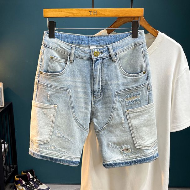 Men's Trendy Ripped Stretchy Slim Fit Jeans Mid Length Shorts Blue Korean Style Basic Straight Leg Embroidered Patches_mkmklike.com