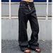 Unisex High Street Style American Retro Washed Raw Denim Black Irregular Button Jeans Straight Leg Loose Fit Trendy_mkmklike.com
