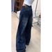 American Retro Patchwork Design Curved Hem Jeans For Women, High Street Straight Loose Slimming Wide-leg Versatile Long_mkmklike.com