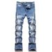 Men's High-Street Washed Blue Print Crystal Rhinestone Distressed Slim Fit Flared Denim Jeans_mkmklike.com
