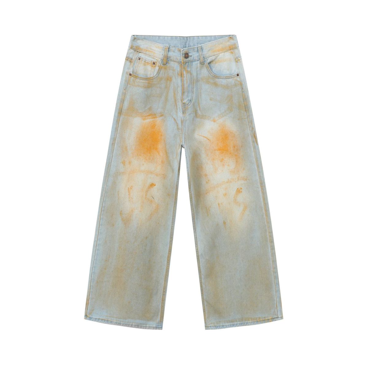 Men's Clothing Retro Washed Workwear Multi Pocket Jeans For Men And Women, High Street Design, Loose Wide Leg Casual Mopping Pants_mkmklike.com