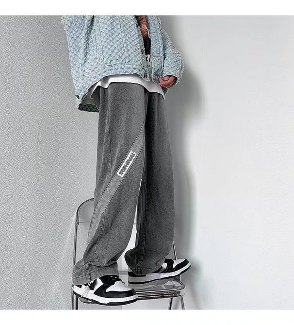 "Streetwear Elastic Waist Jeans – Stretchable Straight-Leg, Low-Rise Baggy Pants With Hand-Painted Accents ( Soft Modal Blend)"_mkmklike.com