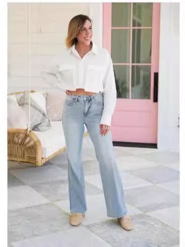 Light Blue High-Waisted Flared Jeans For Women - Stretch Polyester Comfort Fit (Long/Short/Regular Length, Plus Size Friendly)_mkmklike.com