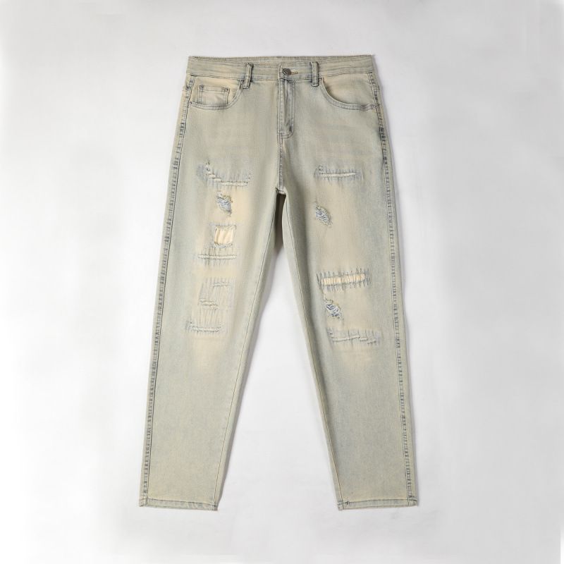 Men's Slim Fit Straight Leg Denim Jeans Yellowish Brown Ripped Distressed High Street Style Retro Trendy Trousers_mkmklike.com