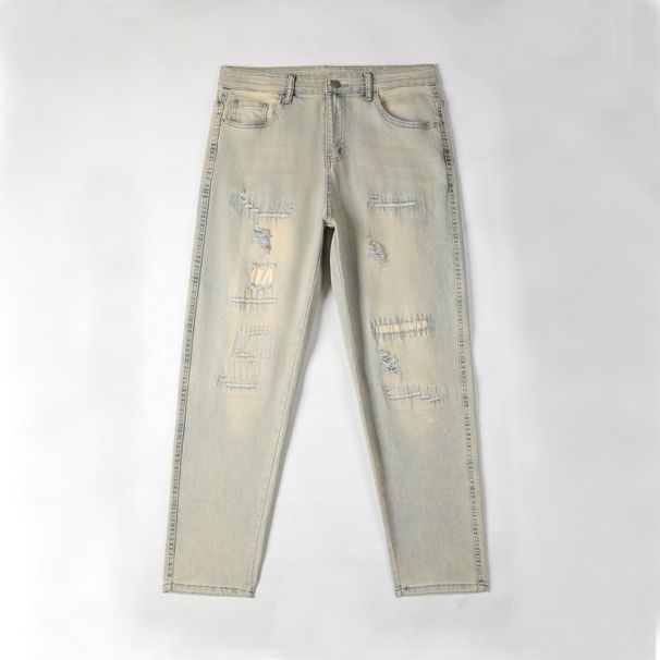 Men's Slim Fit Straight Leg Denim Jeans Yellowish Brown Ripped Distressed High Street Style Retro Trendy Trousers_mkmklike.com