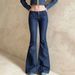 Women's Dark Blue Raw Denim Low Rise Slim Fit Flared Jeans American Style Spring/Autumn Regular Size Solid Pattern_mkmklike.com