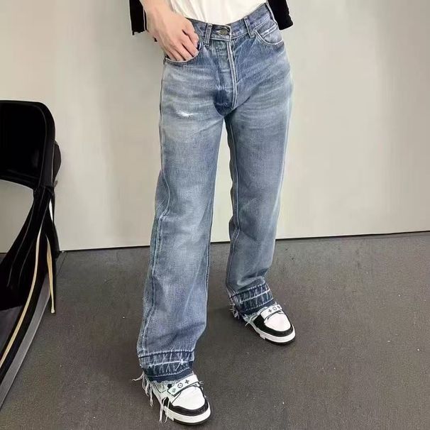 Cleanfit Black Fringe Fit Jeans for Men Vintage Washed Distressed Straight Leg Denim Pants with Digital Print_mkmklike.com