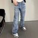 Cleanfit Black Fringe Fit Jeans for Men Vintage Washed Distressed Straight Leg Denim Pants with Digital Print_mkmklike.com