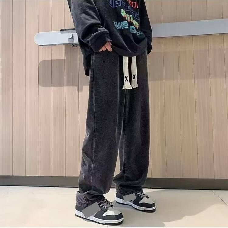Summer Elastic Waist Jeans – Loose Fit Straight-Leg Trousers (Polyester, Stretch Comfort, High Street Fashion, Adjustable Drawstring)_mkmklike.com