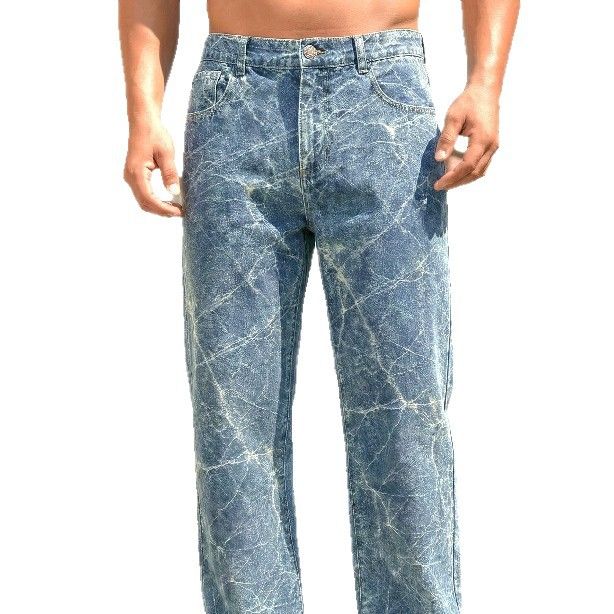 Men's Trendy Versatile Tie Dye Jacquard Wide Leg Straight Leg Jeans Autumn Winter Retro Washed Denim_mkmklike.com