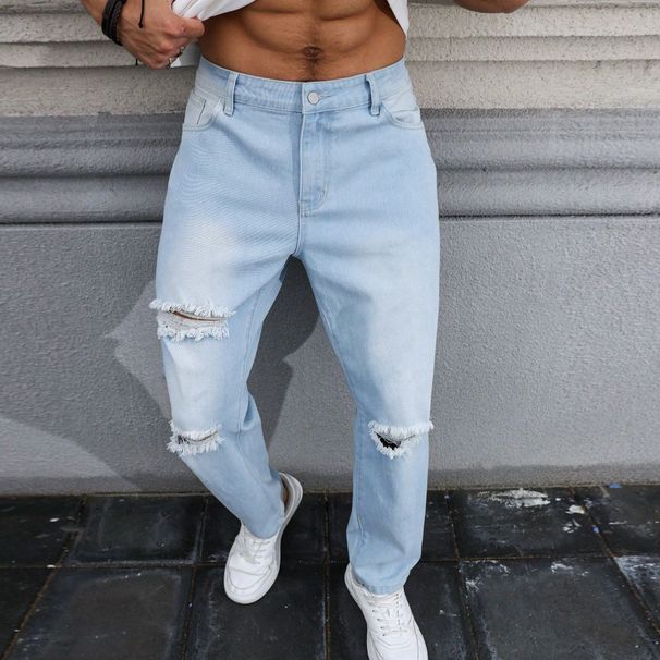 Men's Blue Ripped Washed Straight Leg Fit Jeans American Street Style Clothing_mkmklike.com