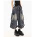 Regular Unbranded Summer Design Sense Multi-Pocket Cargo Denim Capri Shorts Women Straight Pants High Waist_mkmklike.com