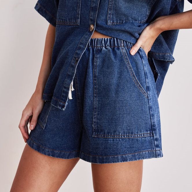 Women's Clothing Retro Casual Loose Pocket Short Sleeved Shirt Shorts Denim Two Piece Suit_mkmklike.com