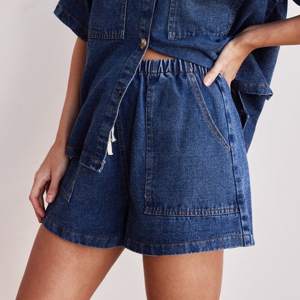 Women's Clothing Retro Casual Loose Pocket Short Sleeved Shirt Shorts Denim Two Piece Suit_mkmklike.com