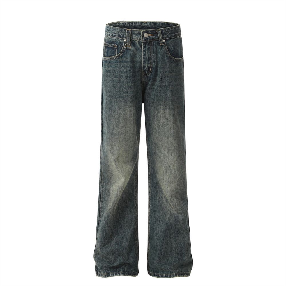 Washed Denim Men's High Street Trend Punk Distressed Frayed Hem Loose Casual Wide-Leg Straight Pants_mkmklike.com