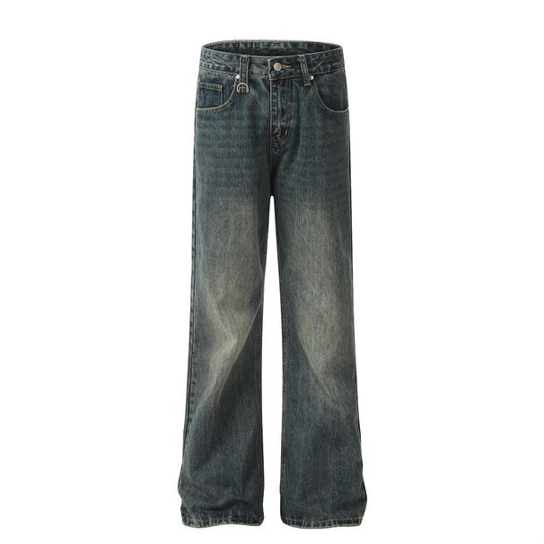 Washed Denim Men's High Street Trend Punk Distressed Frayed Hem Loose Casual Wide-Leg Straight Pants_mkmklike.com