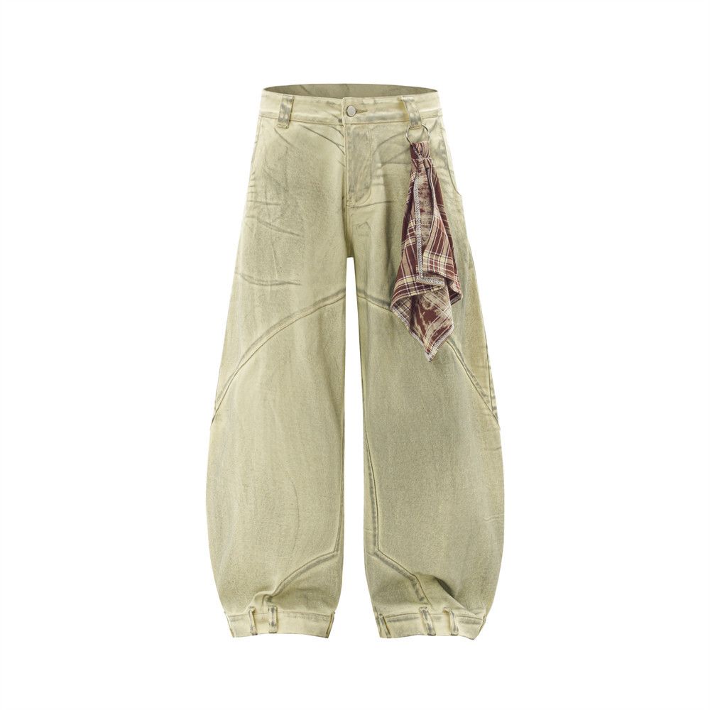Men's Trendy Detachable Scarf Design Reversible Tie-Dye Vintage Dirty Wide-Leg Pants_mkmklike.com