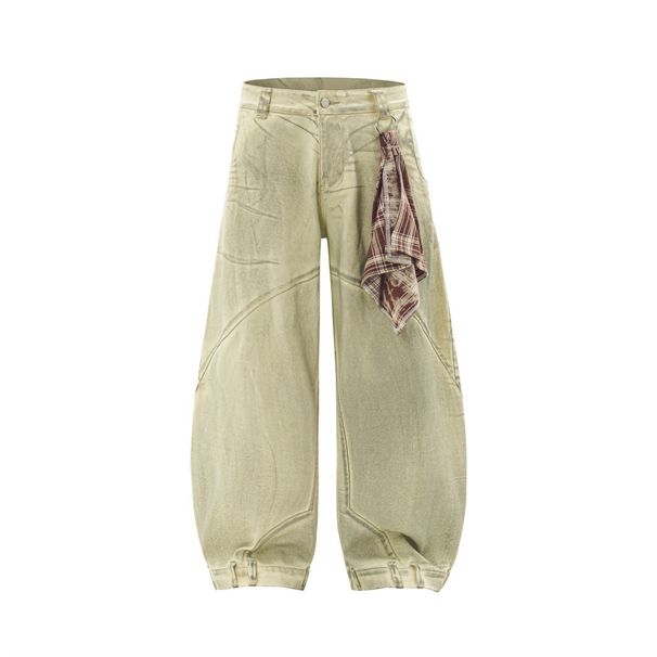 Men's Trendy Detachable Scarf Design Reversible Tie-Dye Vintage Dirty Wide-Leg Pants_mkmklike.com
