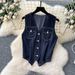 Women's Clothing Summer Outfit For Women Retro Sleeveless V Neck Denim Vest, High Waist Drape Skirt, Two Piece Suit_mkmklike.com