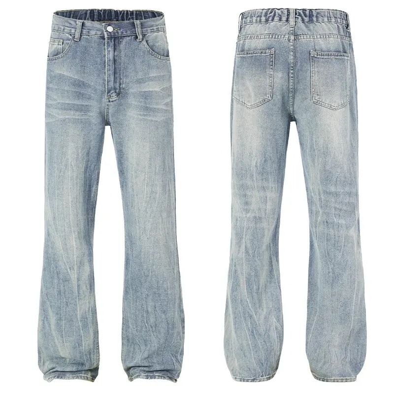 Cleanfit Unisex High Street Vintage Washed Light Blue Jeans Loose Straight Leg Slight Flare Classic Denim for Men And Women S-XXXL_mkmklike.com