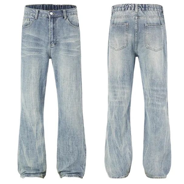 Cleanfit Unisex High Street Vintage Washed Light Blue Jeans Loose Straight Leg Slight Flare Classic Denim for Men And Women S-XXXL_mkmklike.com