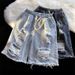 Vintage Washed Blue Denim Shorts For Men, Loose Fit Straight Leg Casual Summer Shorts With Distressed Details_mkmklike.com