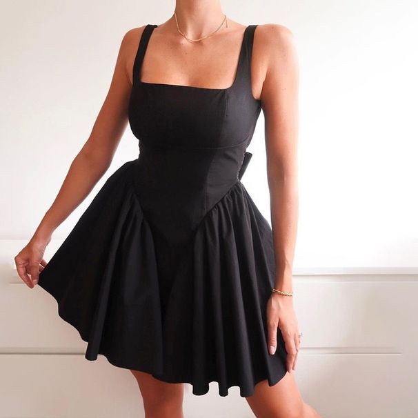 Women's Solid Color Backless Strap Bow Suspender Dress_mkmklike.com